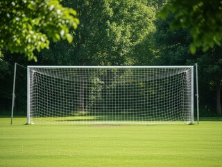 Fototapeta premium Soccer goal on a green field with trees in background on a sunny day outdoors