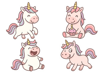 Obraz premium Cute Unicorns with Cupcake and Party Hat