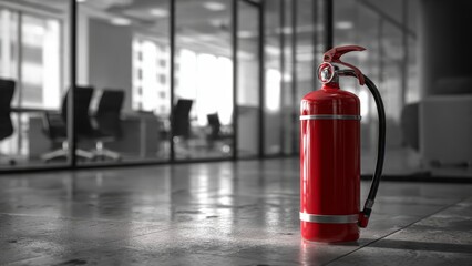 Obraz premium Red fire extinguisher standing on a polished concrete floor in a modern office interior with glass walls and blurred chairs