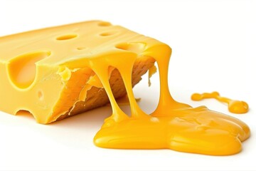 Delicious melting yellow cheese block with gooey rich golden sauce on transparent background