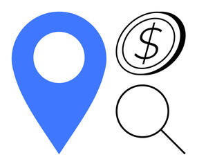 Navigation, financial services, search optimization, location-based marketing, e-commerce, tracking. Blue pin, dollar coin magnifying glass. Navigation and financial services illustrated