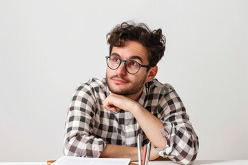 Young man with glasses deep in thought brainstorming creative ideas on transparent background