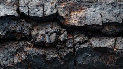 Fototapeta premium Close-up texture of cracked, weathered, dark, rough bark or burnt wood with hints of orange showing through the fissures.