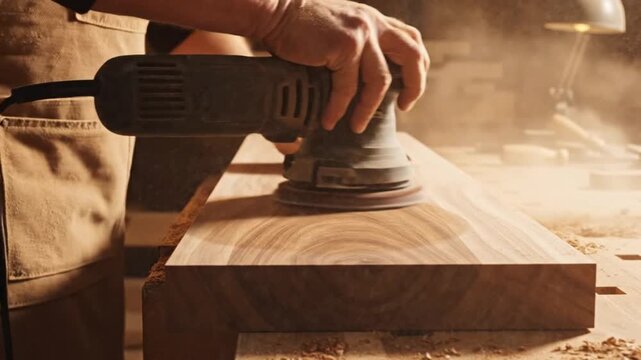 Close-up of a person sanding a wooden plank with a power tool in a workshop