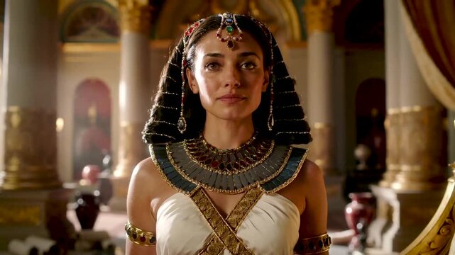 The Egyptian queen in the royal chambers rises from her throne and smiles