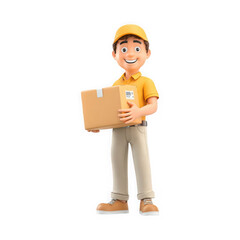 A cheerful delivery man holding a cardboard box on a black background