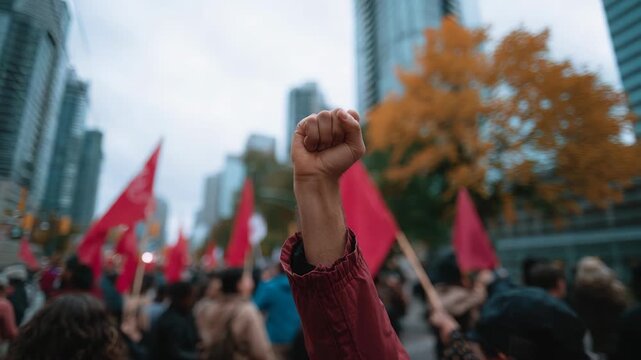 Empowering Protest Scene with Raised Fist and Red Flags in Urban Setting