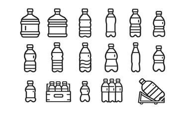Plastic water bottle line icons set