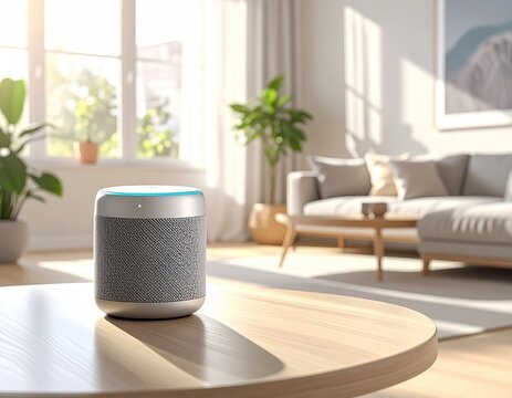 Smart speaker on wooden coffee table.