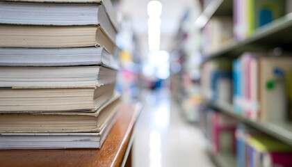 A Close-Up View of a Stack of Books in a Library, with Blurred Shelves in the Background