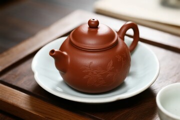 A traditional red clay teapot with engraved floral design sits on a white saucer atop a wooden tray.