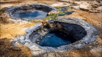 Bubbling geothermal hotspring creating a unique landscape of vibrant mineral pools and dramatic earth formations