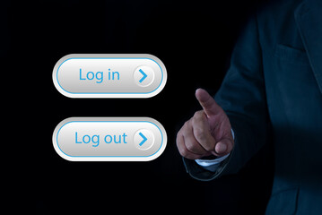 Cyber security login interface concept , Businessman touching virtual screen with login and logout button with user interface screen data protection, privacy, authentication, and online security.