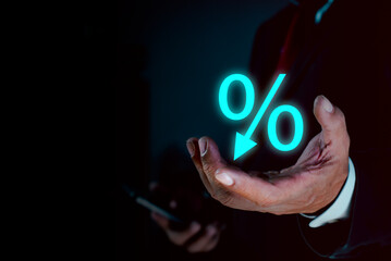 Businessman holding hand percentage sign discount, Discount and sale concept.