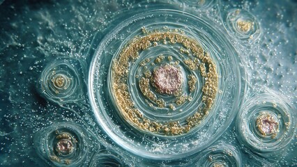 Abstract microscopic view of a cell nucleus, showcasing intricate biological structures and scientific research