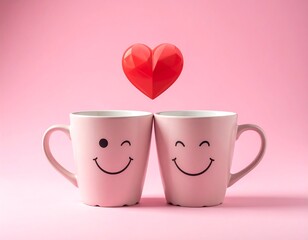 Two pink mugs with smiley faces and a red heart on a pink background