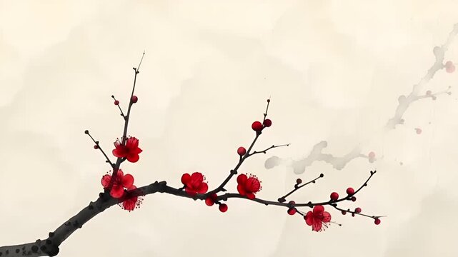 象牙色の和紙背景に、淡い墨がゆっくりと滲み広がる和風動画。
角には梅の枝が配置され、新年や正月を感じさせる静かな雰囲気。