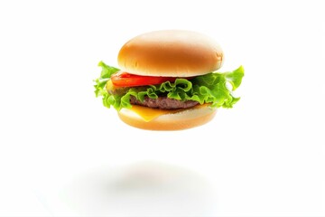 Classic cheeseburger floating fresh lettuce tomato cheese juicy patty on transparent background