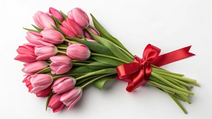 Beautiful bouquet of pink tulips with red ribbon