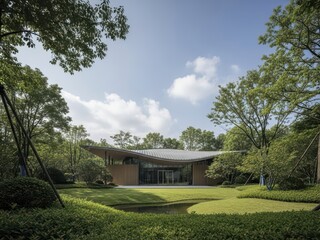 Obraz premium A modern house with a large lawn and trees in a natural setting with blue sky