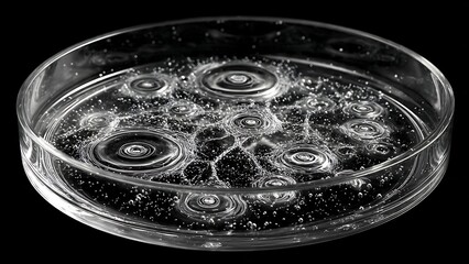 Stunning water ripples in a glass dish against a black background, perfect for scientific, medical, and cosmetic visuals