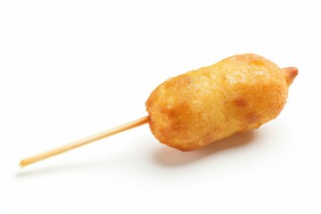 Delicious golden crispy fried mini corn dog on a wooden stick popular on transparent background