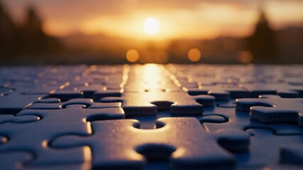 Close-up of puzzle pieces fitting together at sunset with warm golden light