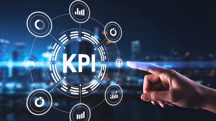 Key Performance Indicator (KPI) concept visualized with interconnected digital icons and a human finger pointing to the center on a blurred city background