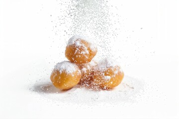 Delicious golden fried donuts with falling powdered sugar sweet dessert on transparent background