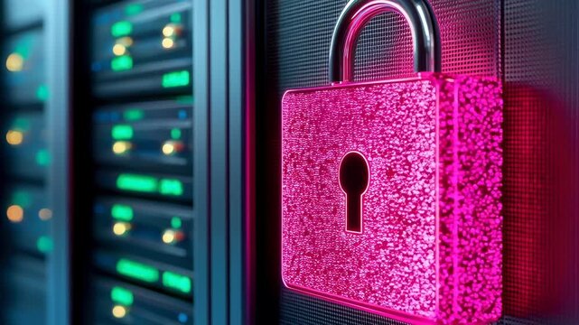 Pink padlock data center server rack cybersecurity network security data protection encryption access control firewall secure storage glowing