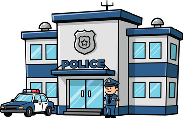 Police, station, building, cartoon, vector, illustration, officer, standing, in, front, of, precinct, with, patrol, car, security, public, safety, law, enforcement. © Arman Creative