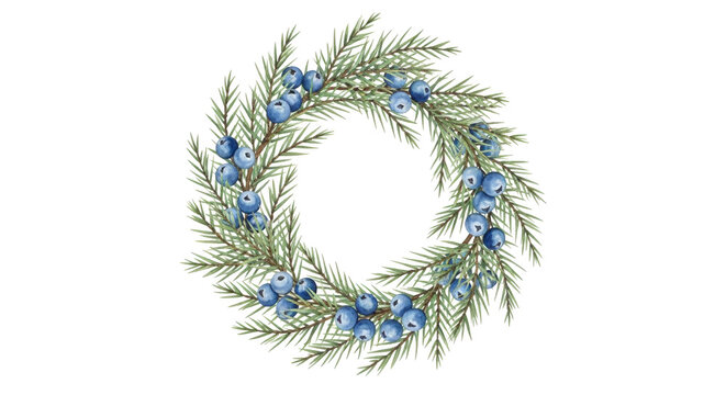 Watercolor wreath of evergreen branches and blue berries on black background pine juniper