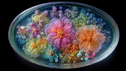 Vibrant, abstract floral arrangement inside a petri dish, showcasing stunning colors and intricate details, perfect for scientific visuals