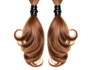 Two sections of glossy, chestnut-brown hair, styled with tight curls