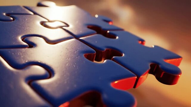 Four Blue Puzzle Pieces Interlocking Against a Warm Sunset Sky