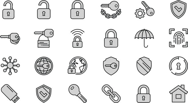 Cybersecurity icon set, padlock shield key fingerprint chain USB vector, data protection artwork, secure connection design, privacy artwork