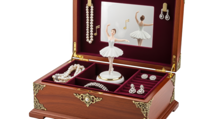 Wooden jewelry box with ballerina figurine and pearl necklaces wooden box dancer