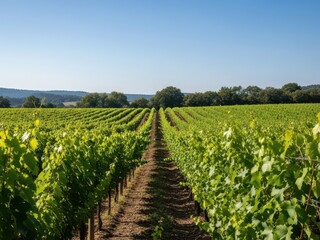 A serene vineyard landscape with lush greenery and rolling hills under a clear blue sky on a sunny day outdoors