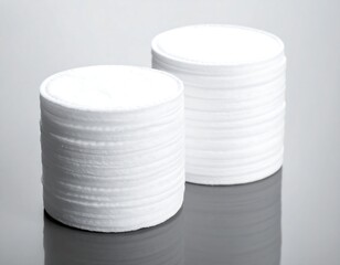Two stacks of clean, white round cotton pads on a gray surface