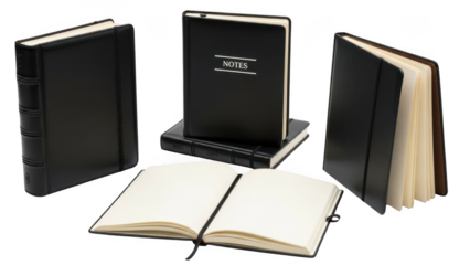 Assortment of Black Notebooks Open and Closed Isolated on Transparent Background