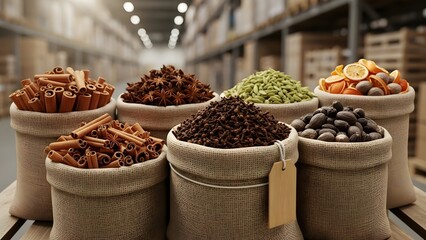 Sacks of aromatic spices and dried fruit displayed in a warehouse, perfect for culinary use and food preparation