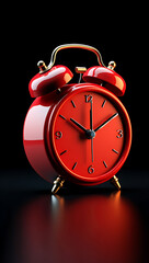 Retro red alarm clock stands out against dark background with reflection