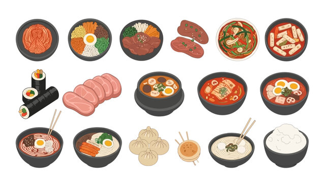 Korean Traditional Food Flat Vector Illustration Set with Various Dishes on White Background