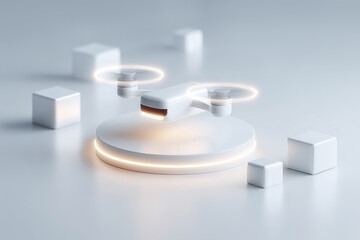 Technology drone hovering above circular platform with geometric elements for product showcase, futuristic minimal style