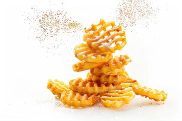 Golden crispy waffle fries stacked high powdered sugar cinnamon spice on transparent background