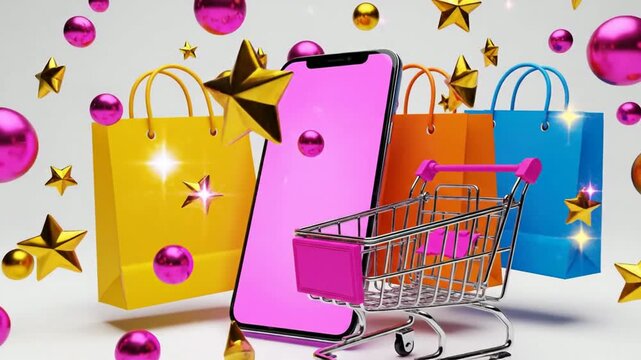 Online Shopping Concept with Smartphone Shopping Bags and Stars