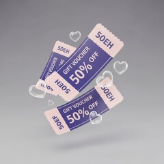 Floating gift vouchers with 50% discount and heart bubbles on a gradient background