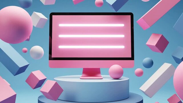 Pink computer monitor surrounded by floating geometric shapes