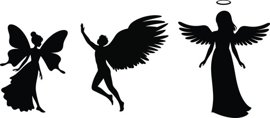 Obraz premium Fairy angel silhouette, winged figure vector, mythological design, fantasy artwork, celestial icon, halo illustration, spiritual being graphic
