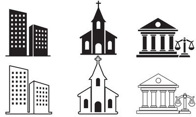 Fototapeta premium Building icons set: solid and outline vectors of city buildings, church, and government building